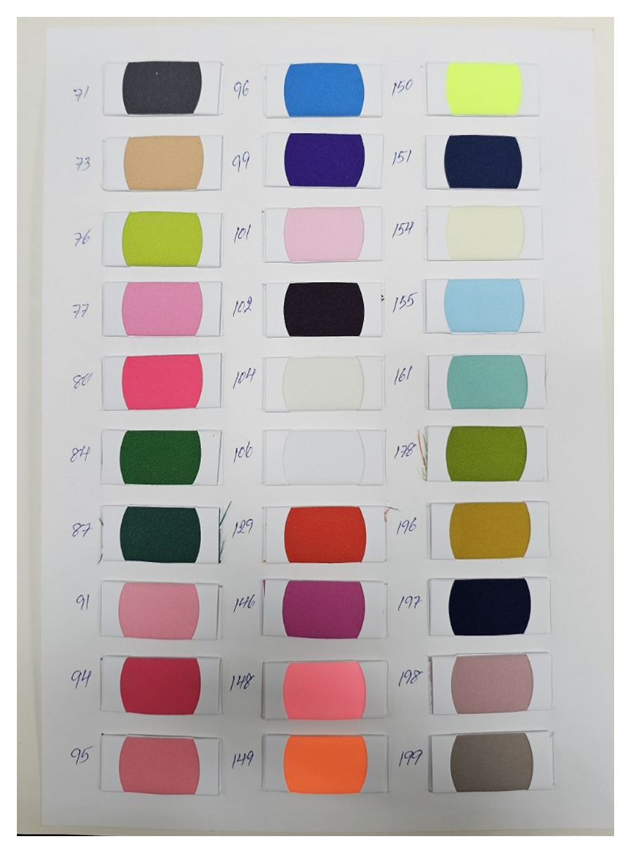 Twin Corn lining color chart page 2 with photographed swatches and original handwritten color codes / ตารางสีซับในข้าวโพดคู่หน้า 2