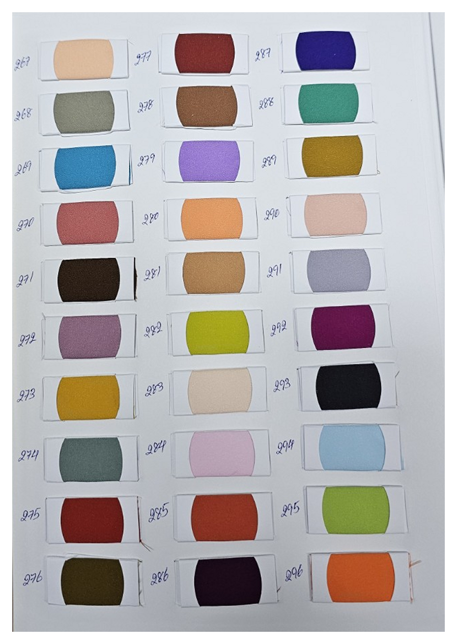 Twin Corn lining color chart page 5 with photographed swatches and original handwritten color codes / ตารางสีซับในข้าวโพดคู่หน้า 5
