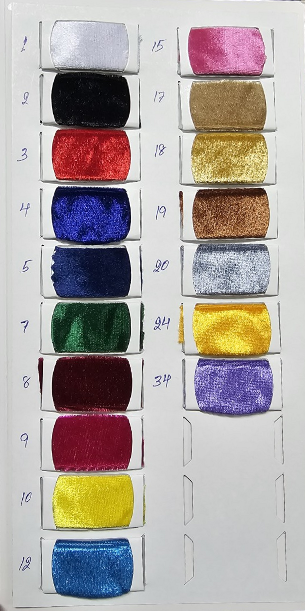 Original handwritten colour chart for stretch velvet, product 12 / ตารางสีผ้ากำมะหยี่ยืด สินค้าหมายเลข 12