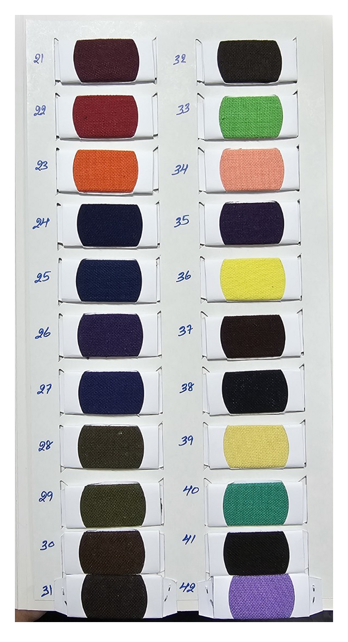 Traditional cotton color chart page 2 with original swatches and handwritten codes / ตารางสีผ้าฝ้ายพื้นเมืองหน้า 2
