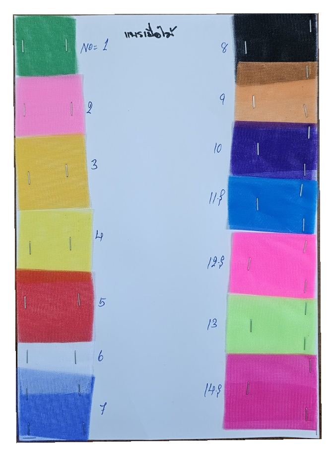 Original handwritten colour chart for wood-pulp silk-like fabric, product 18 / ตารางสีผ้าแพรเยื่อไม้ สินค้าหมายเลข 18